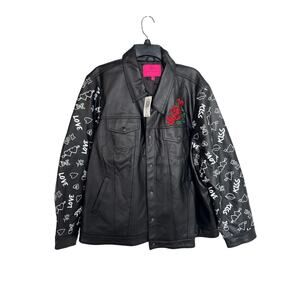 Torrid Betsey Johnson Embroidered Trucker Jacket Faux Leather Black Size 5X NEW